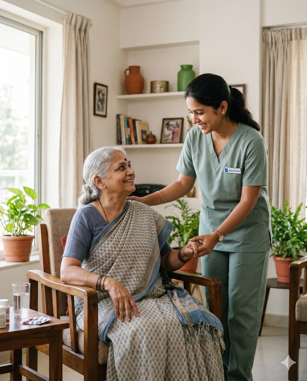 A Shree home-care nurse caring for an elderly woman at home in Nagpur