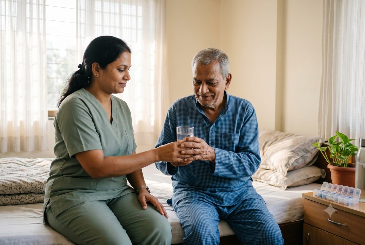 A nurse gently helping an elderly man drink water at home