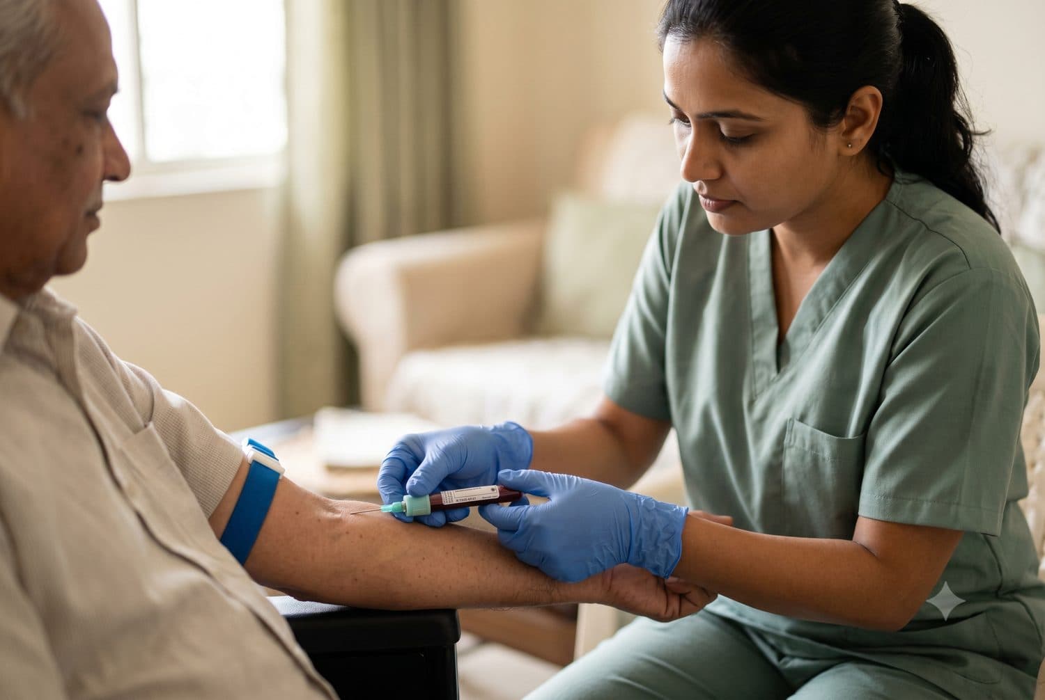 A technician collecting a blood sample from a patient at home