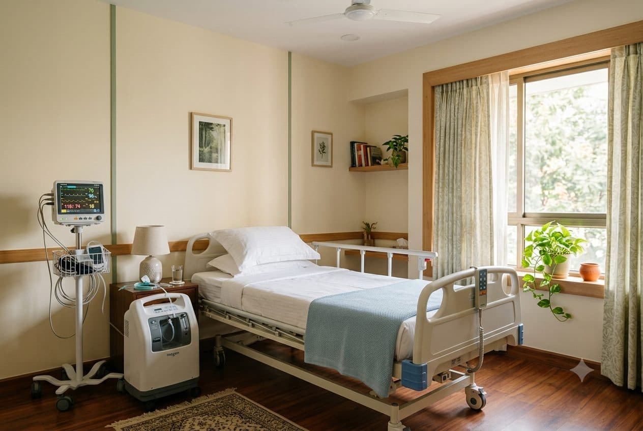 A home bedroom set up with a hospital bed, oxygen concentrator and monitor