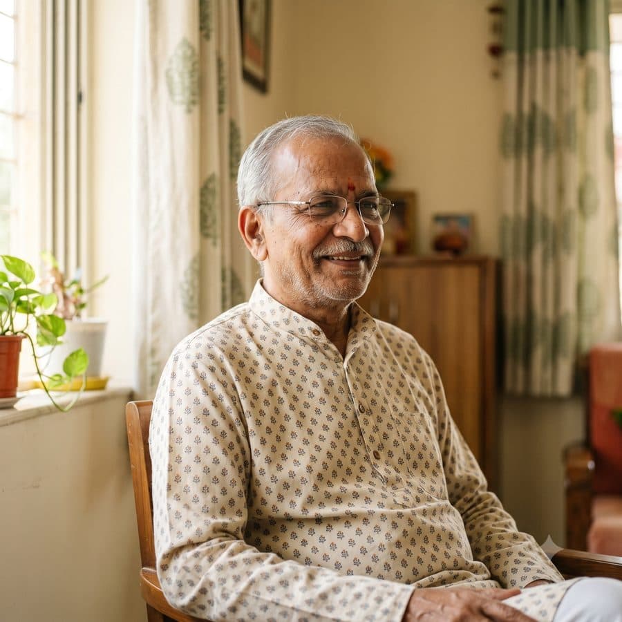 A content elderly person cared for at home in Nagpur
