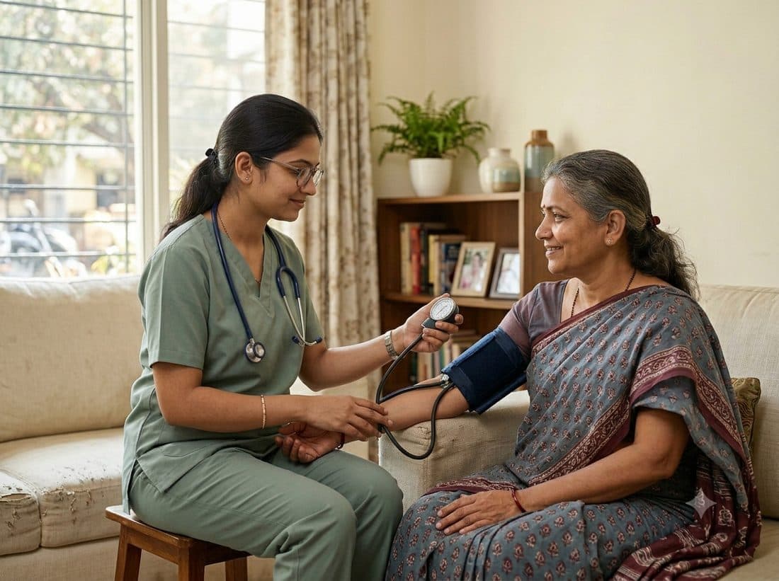 Nurse checking an elderly patient's blood pressure at home