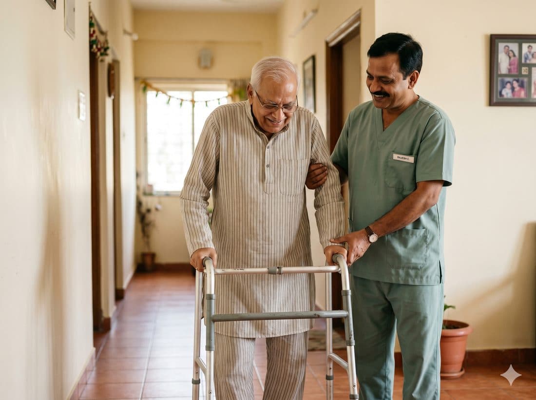 Caregiver helping an elderly man walk with a walking frame