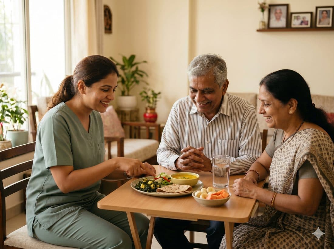 Nutrition specialist guiding an elderly couple over a healthy meal